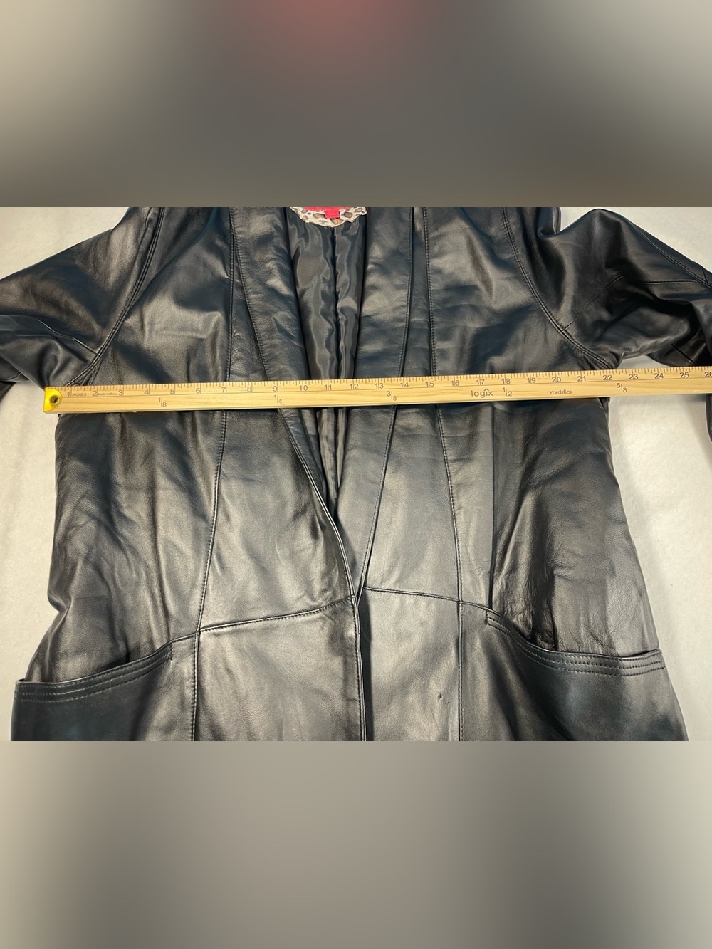 Excelled Black Leather Duster Coat L Long Open Front Belted Soft Lamb Leather - Picture 12 of 14
